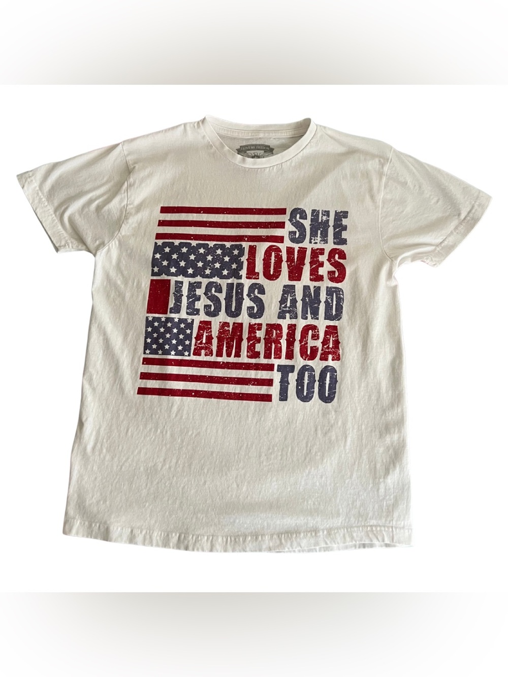 I Love My Freedom Women’s White She Loves Jesus And America T-shirt